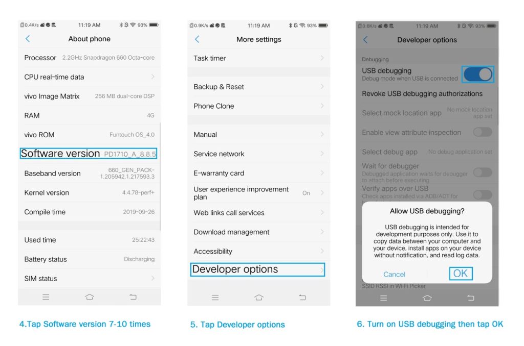 Enable USB debugging on VIVO Device